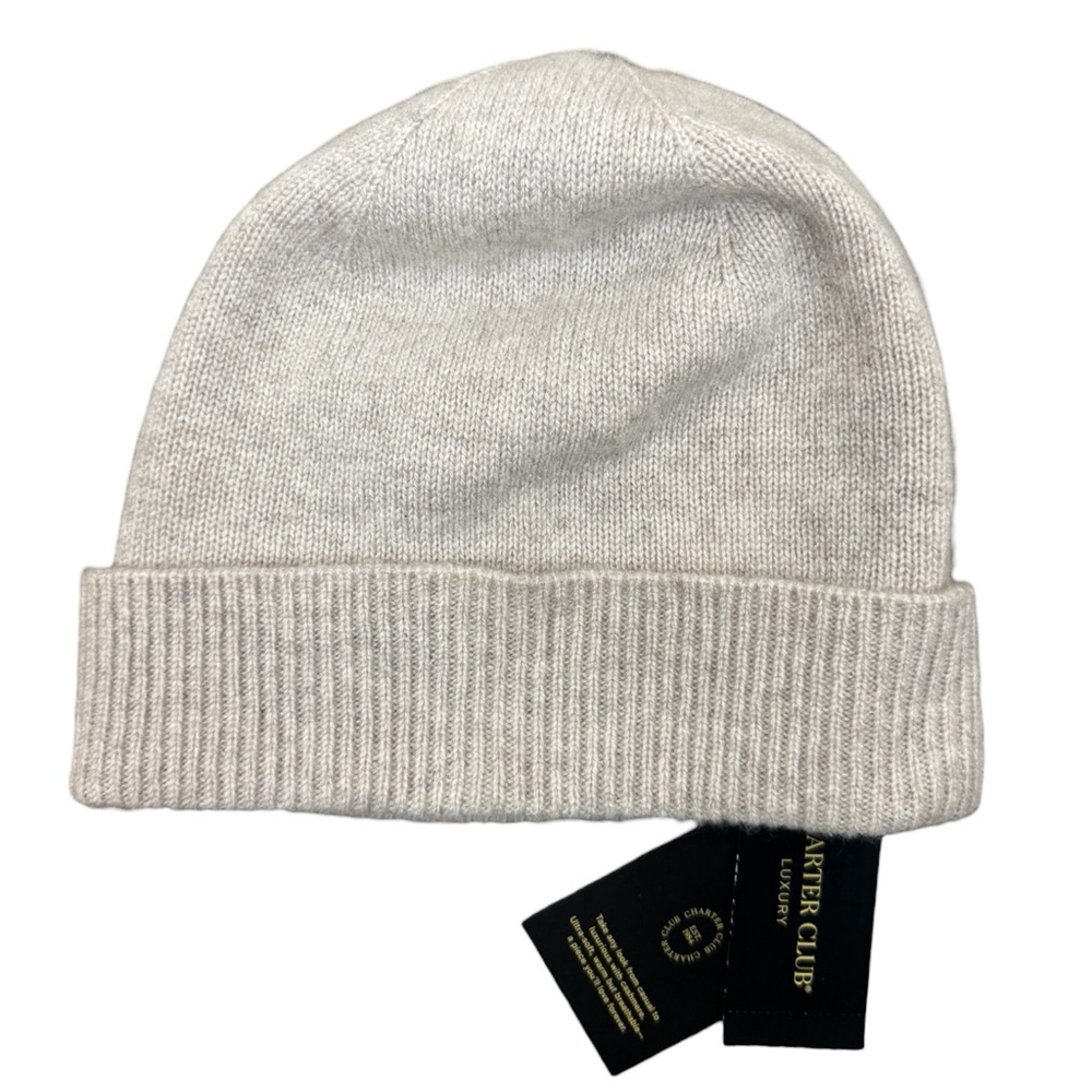 NWT Charter Club 100% Cashmere Cuffed Beanie, Taupe Heather Hat OS